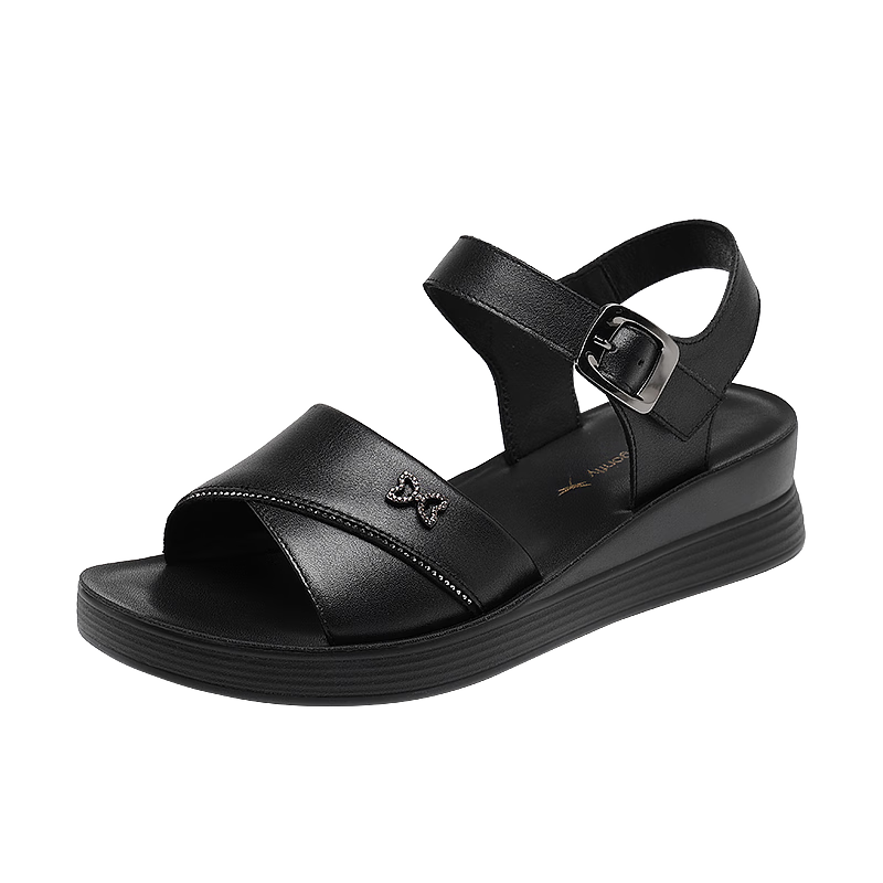 Red Dragonfly Women's Sandals, Flat Soft Leather, Wedge Beach Shoes for Mom, WTK25161, Black, Size 36