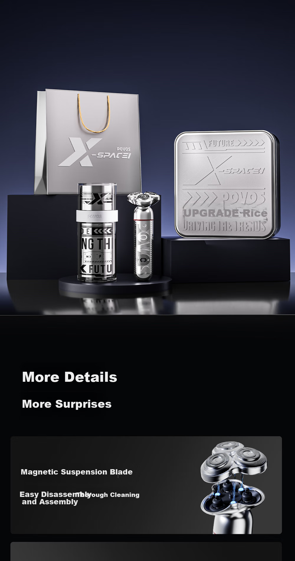 POVOS Electric Shaver for Men with LED Breathing Light, Fully Washable, Fast Charging PQ9909 Starry Silver Trendy Alloy Version Practical Gift Box for Boyfriend, Husband, Father 12