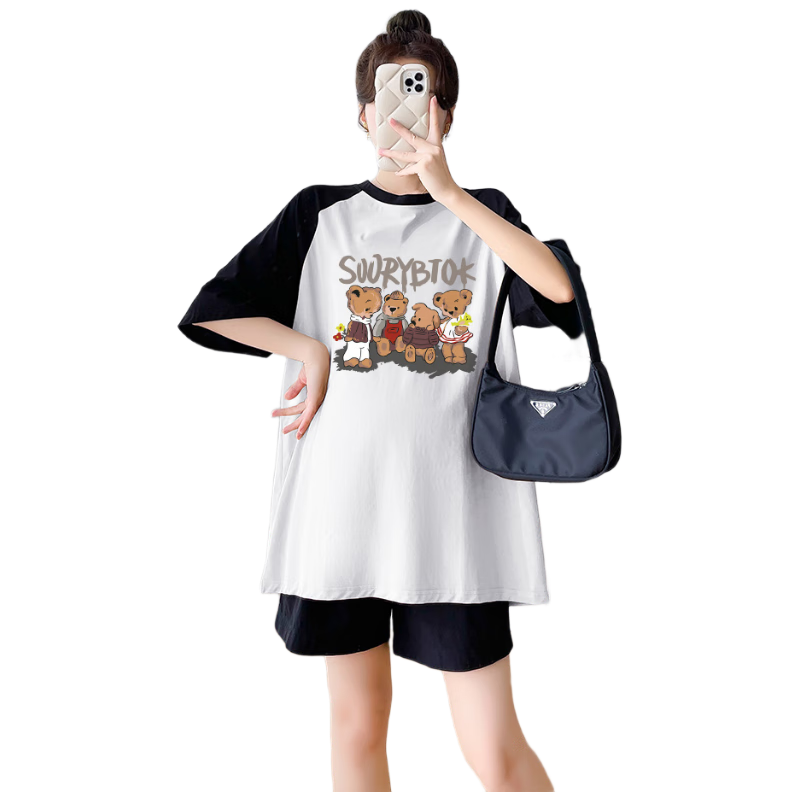 JOYNCLEON Maternity Summer Thin Loose Raglan Sleeve Printed T-Shirt and Versatile Shorts Set White L Jtz158115