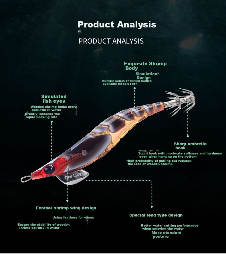 Guowangluya Lure, Wooden Shrimp Artificial Bait, Large Squid Blowgun, Fluorescent Rocket Squid Bait, Glow-In Umbrella Hook, Squid Hook 6
