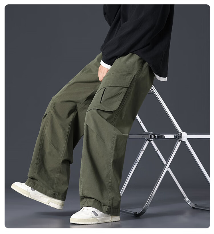 I'M DAVID Men's Khaki American Casual Work Pants Spring Autumn Straight Loose Wide-Leg Long Pants Black XL 10