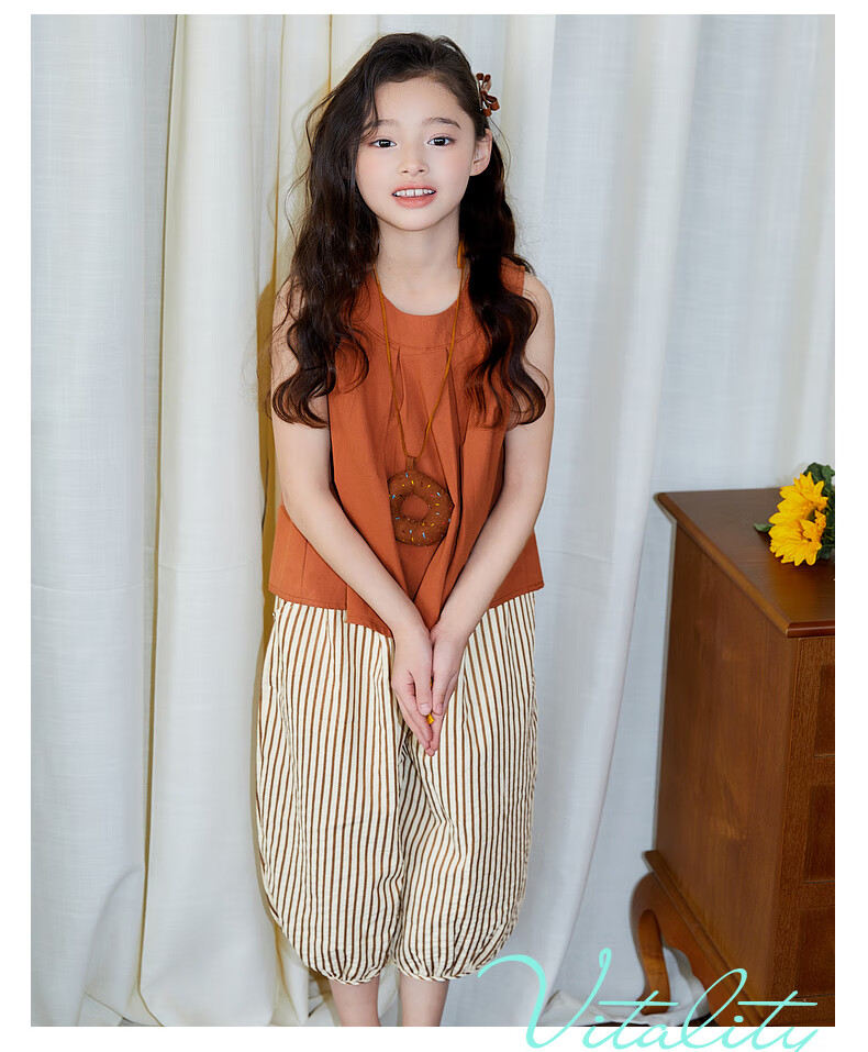 Fulomi Girls' Summer Set Korean Style Sleeveless Top and Versatile Striped Casual Pants Two-Piece Set Caramel Color Size 130 7