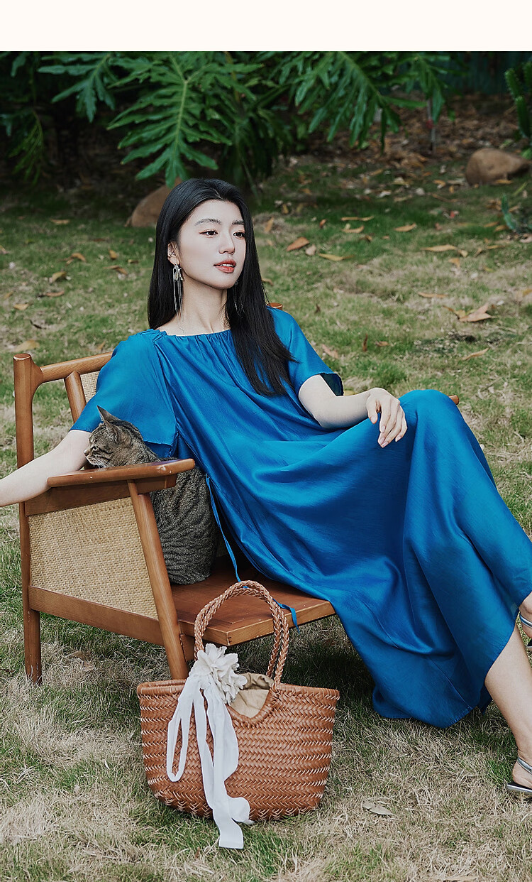 Demana Vintage Small Rose Summer Lightweight Glossy Lyocell Square Neck Ruffle Sleeve Belted A-Line Women's Dress 12