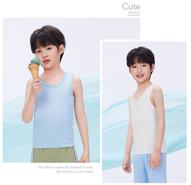 THREEGUN Kids Cooling Modal 3A Antibacterial Boys Girls Crew Neck Vest Sky Blue 150 24