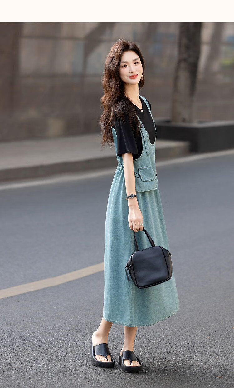 Demana Faux Two-Piece Layered Effect Summer Round Neck Cloud Cotton Denim Patchwork Mid-Length Women's Knit Dress 11