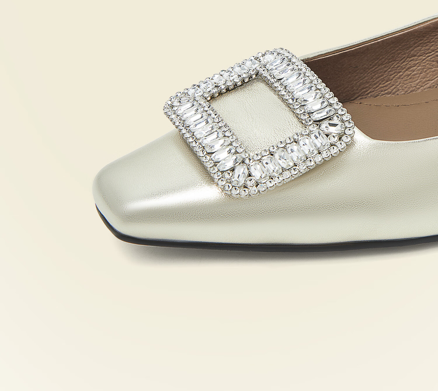 COMELY Rhinestone Square Buckle Women's Flats, Spring New Style Genuine Leather Low-Heel French Gold Flat Shoes, Light Gold, Size 34 7