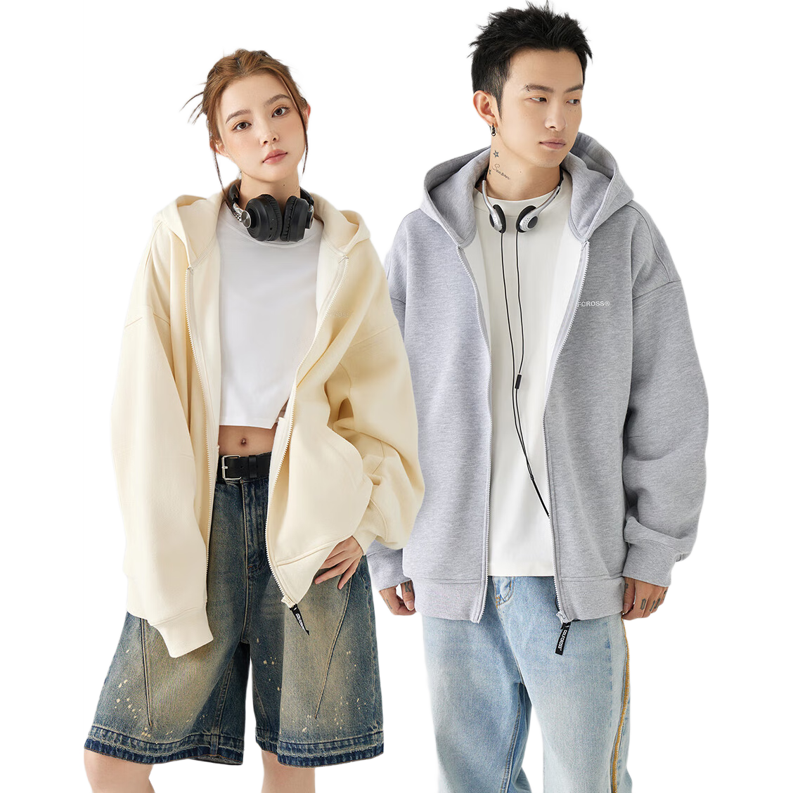 GOLFCROSS Couple's Sweatshirt with Letter Embroidery, Loose-Fitting Hooded Cardigan for Spring And Autumn, Apricot Color, Size M