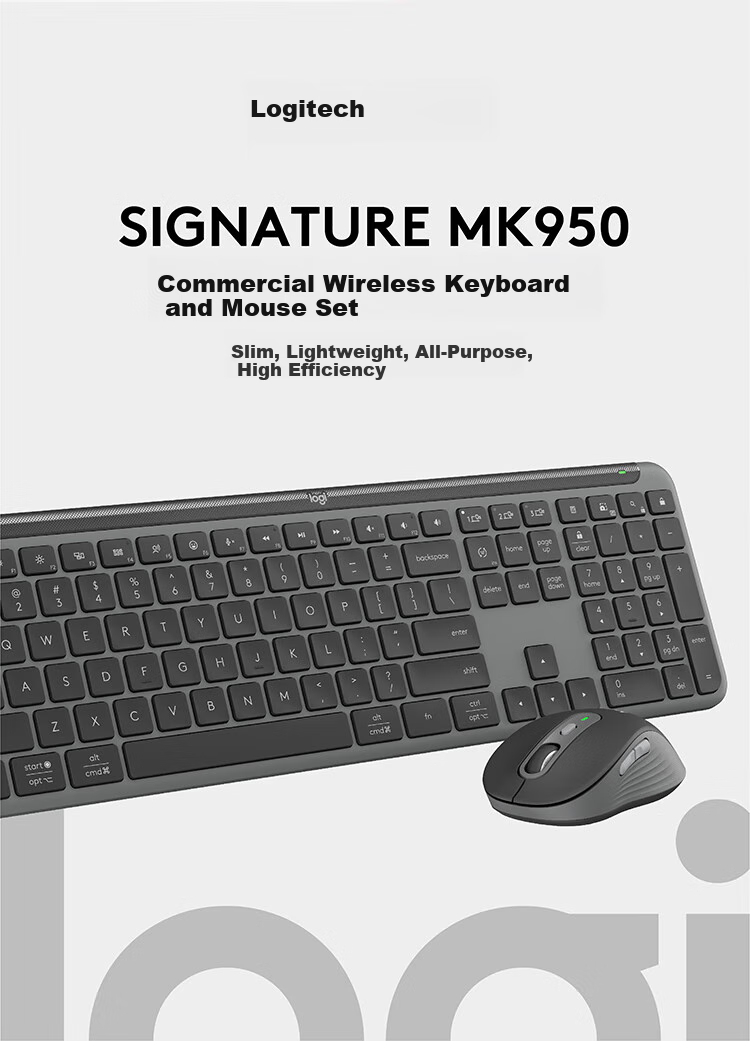 Logitech MK950 Wireless Bluetooth Keyboard And Mouse Combo, Ultra-Thin Quiet Dual-Mode Office Keyboard And Mouse Set, Premium Series Portable Keyboard And Mouse Set Commercial Version Black 1