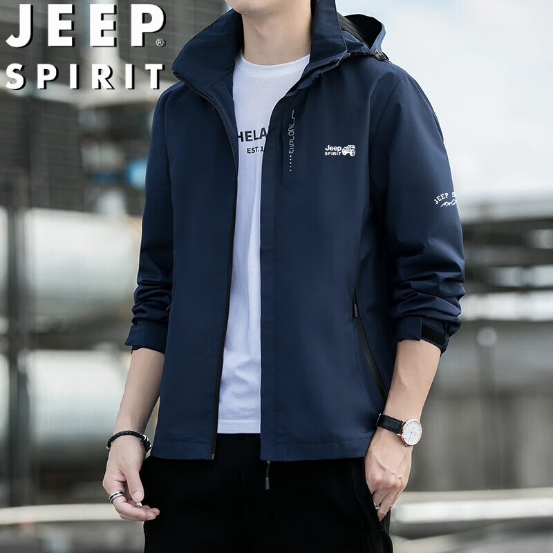 Мужская ветровка JEEP SPIRIT, новинка весны-осени, модная парка с капюшоном, свободный крой, темно-синяя, размер 3XL