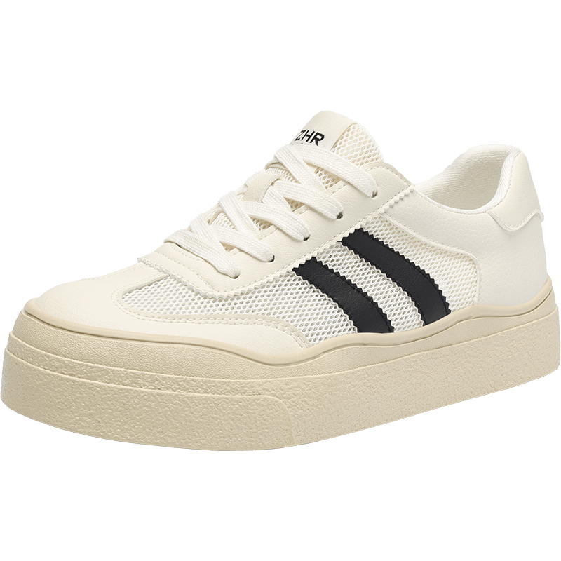 ZHR ZEZHE Summer Women's Mesh Lightweight Thick-Soled Breathable White Sneakers KS109E Beige Black Size 38