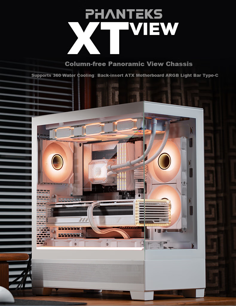 PHANTEKS XT523 View White Seaside View Tempered Glass Full-View ATX Motherboard Case for Desktop Computer (Side ARGB Light Strip/360mm Water Cooling Support/Type-C) 1