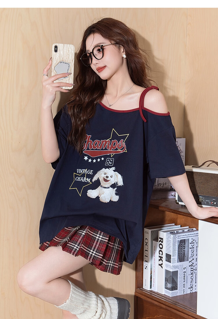 Tangshi 2025 Summer Women's American Style Color-Block One-Shoulder Printed Short Sleeve T-Shirt 8