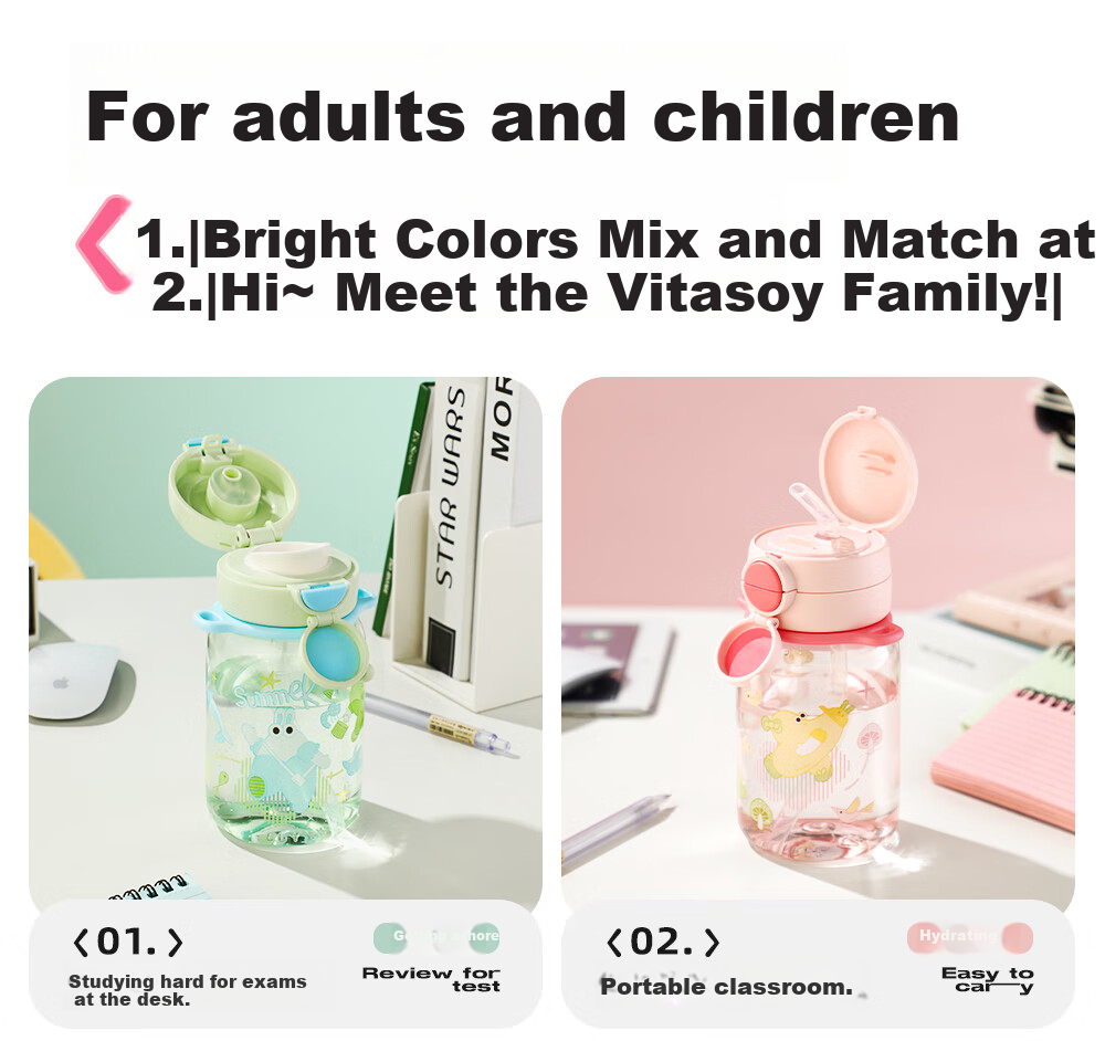 Fuguang Children's Water Bottle with Dual Drinking Straws, Stylish Tritan Plastic Cup for Female College Students, Large Capacity 600ml 10