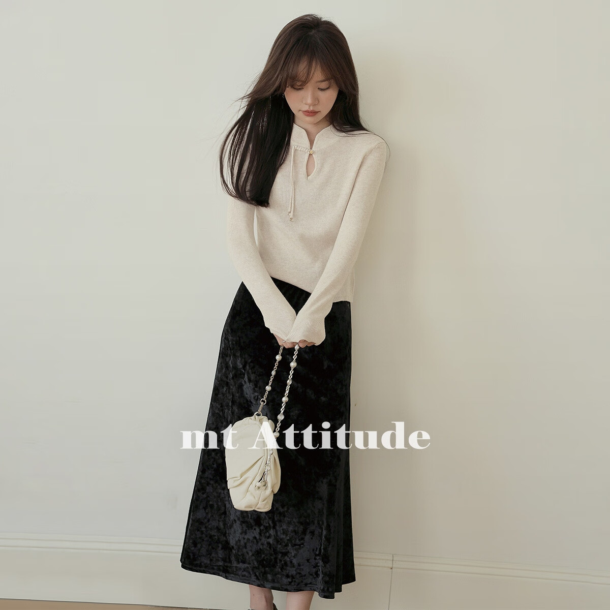 MT Gentle New Chinese Style Autumn Fashion Elegant Solid Color Stand Collar Long Sleeve Knit Sweater