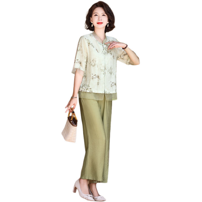 Hengyuanxiang 2026 New Middle-aged and Elderly Women's Clothing 50-60s 70s Stylish Mom Summer New Chinese Style Short Sleeve Set
