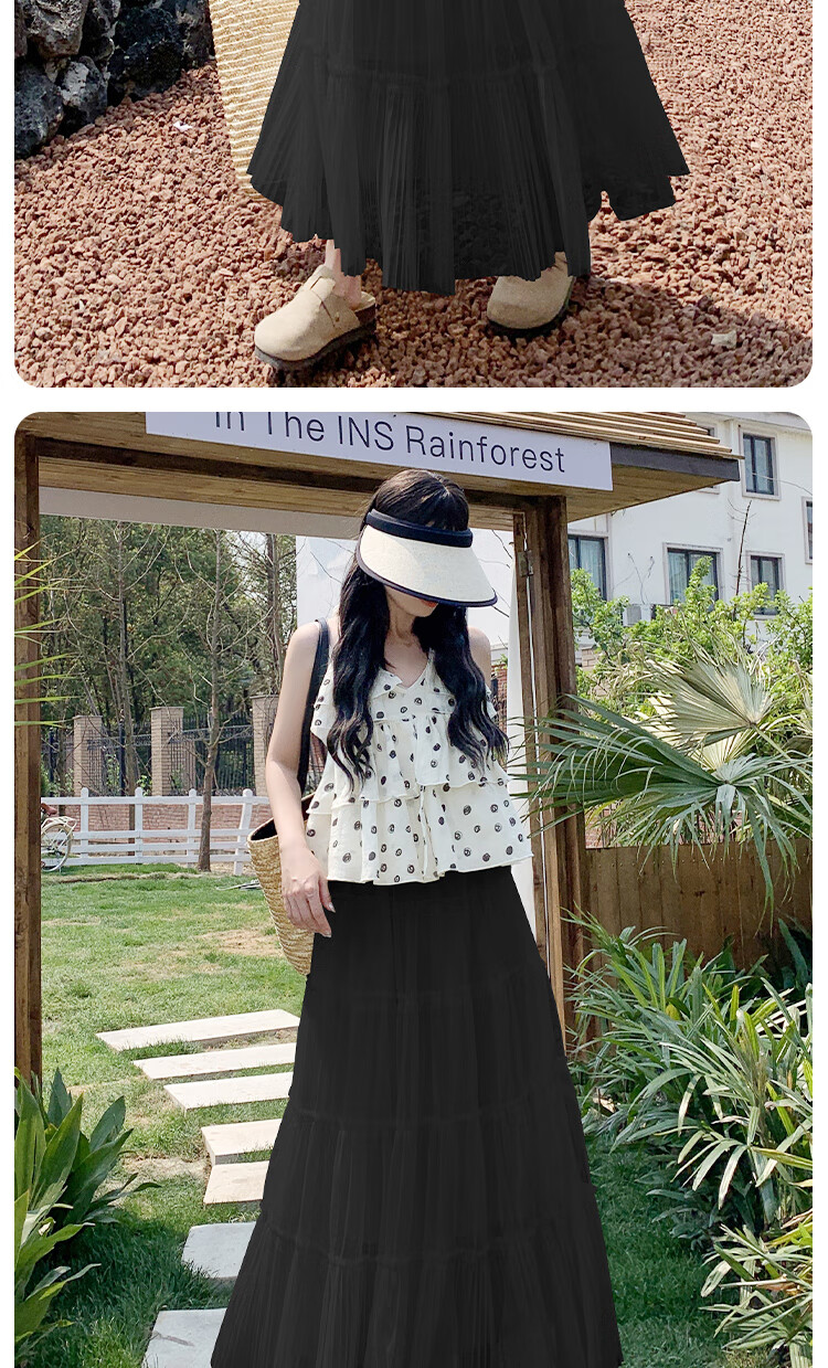 BOPRUIEY Ruffled Mesh Pleated Three-Layer Skirt Spring Summer High Waist Draped Flowy Fairy Long Dress Slimming Cake Skirt for Women 13
