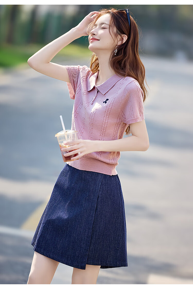Shangjing Women's Short Sleeve Knit Top Summer New Sweet Polo Collar Slim T-Shirt 3
