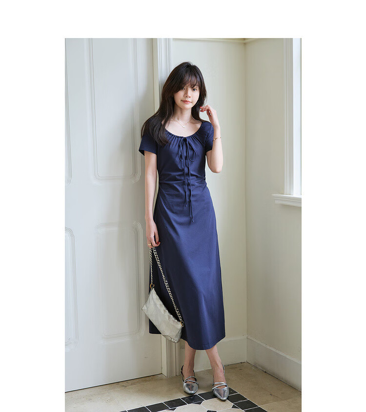 Mt [American College] Summer Simple Large U-Neck Tie-Up Stretch Cotton Spandex Short-Sleeve A-Line Mid-Length Women's Dress 5