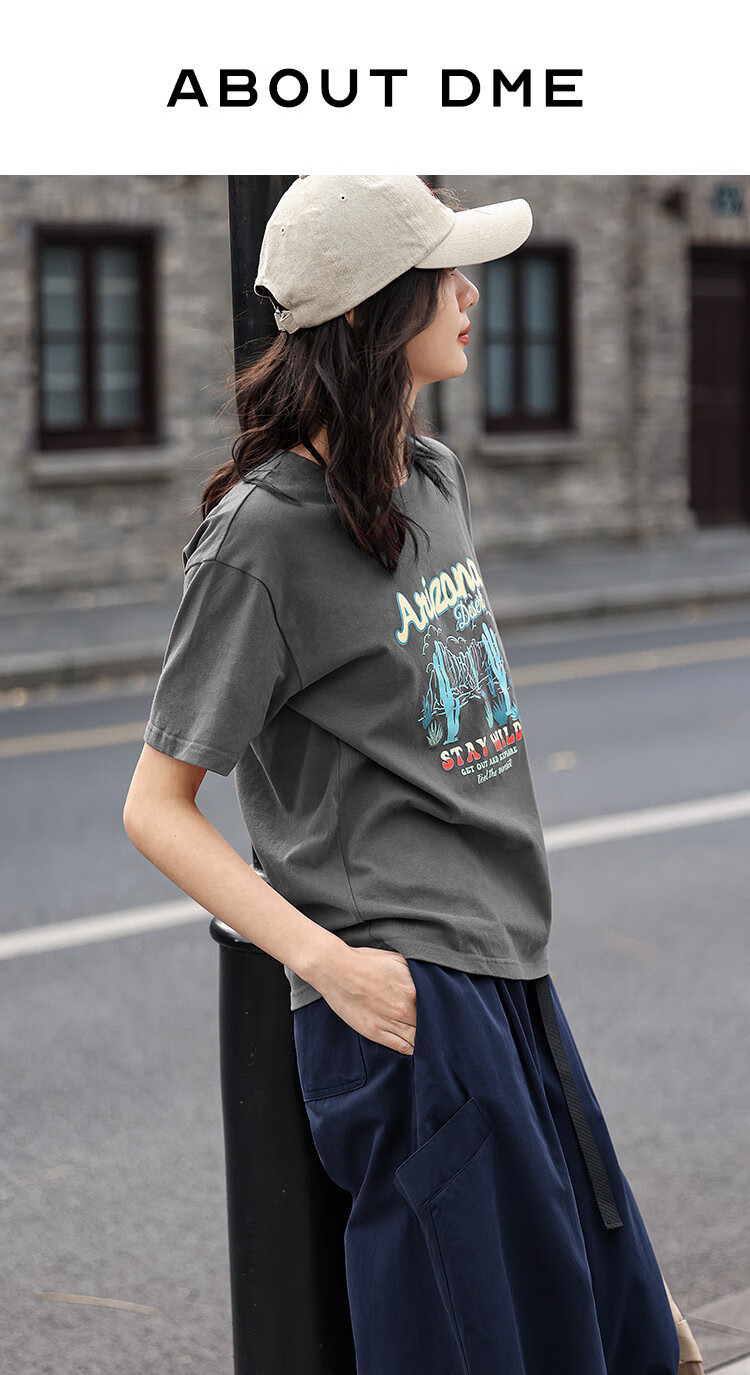 Dme [Vintage Floral Print T-Shirt], Summer Style, Grayish Blue Round Neck Decorative Short-Sleeve T-Shirt for Wome 1