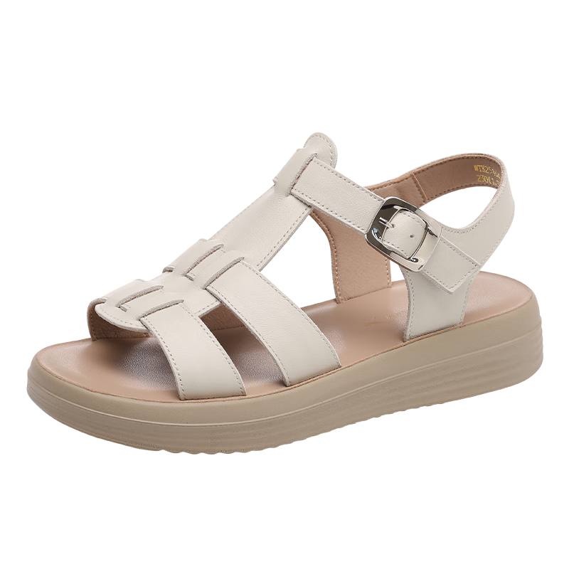 Red Dragonfly Women's Soft Sole Leather Sandals Casual Comfortable Flat Beach Shoes WTK251642 Off-White Size 38