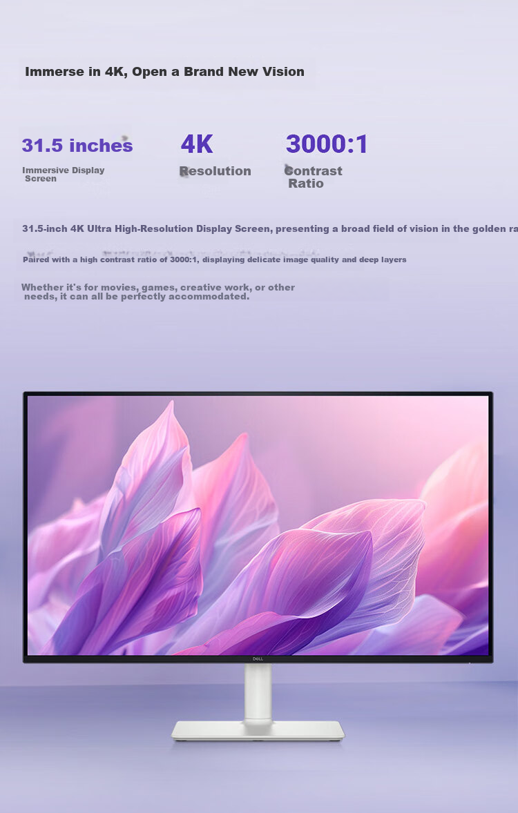 DELL 31.5-Inch 4K Monitor, 120Hz High Refresh Rate, Built-In Speakers, Hardware Blue Light Protection, 1.07 Billion Colors, FreeSync Computer Display S3225QS 3