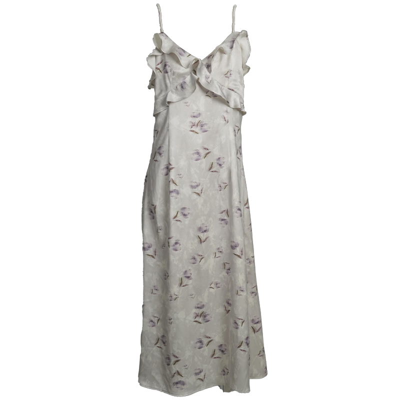Oulain French-Style Floral Chiffon Spaghetti Strap Dress for Women, Ruffle Trim Waist-Cinching Long Dress, Purple Floral Pattern, XL