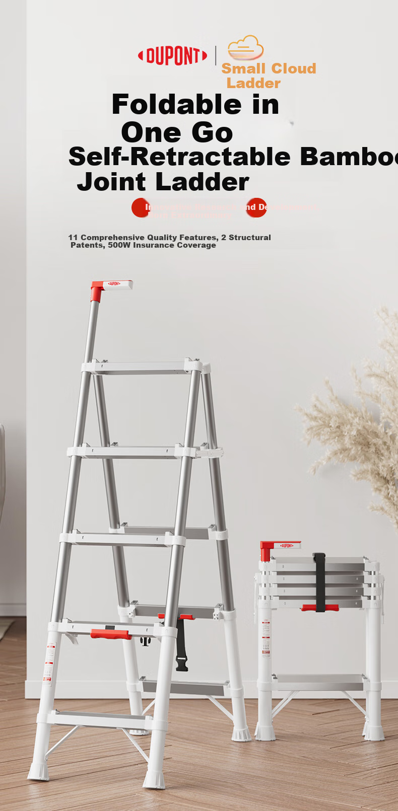 DU PONT [Naianxiaoyun Ladder] Folding A-Frame Ladder for Home Use, Indoor Telescopic Ladder, Multi-Functional Climbing Ladder, 5 Steps 17