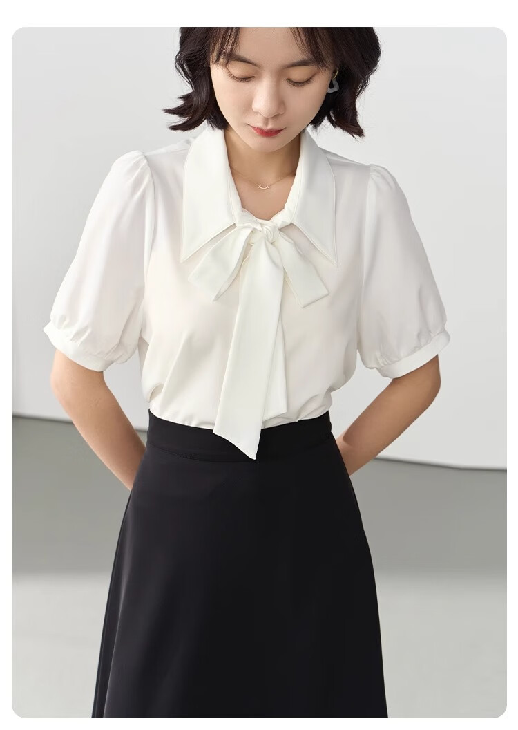Bodexiaojie Blue Short-Sleeve Shirt for Women, Urban Daily Commute Outfit, Petite Chiffon Blouse, Interview Professional Shirt, Size S 10