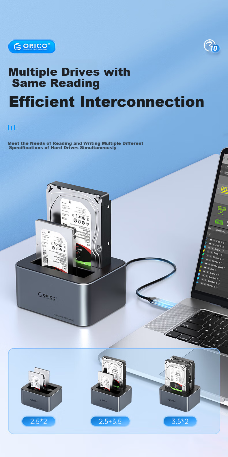 ORICO External Hard Drive Enclosure Base, 2.5/3.5 Inch SATA Mechanical And Solid State Universal, Type-C 3.2 SSD External Hard Drive Enclosure, Portable Offline Backup Machine 6626C3 3