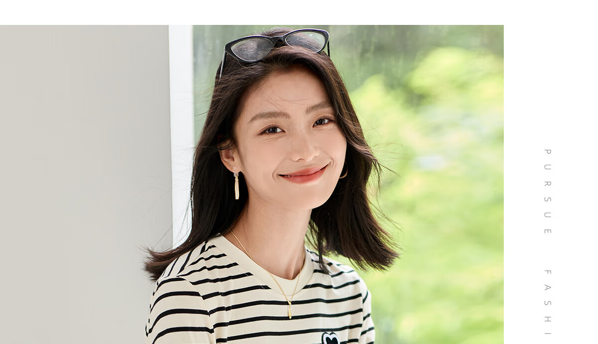 Chushen Summer Short-Sleeve T-Shirt for Women, Fashionable Versatile Round Neck Heart Logo Striped Pure Cotton Half-Sleeve Top S13KT1172 14