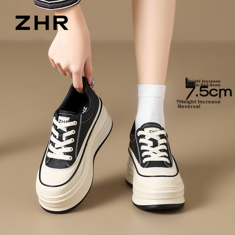 ZHR Women's Platform Shoes with Thick Soles And Hidden Heel Lift, Versatile Casual White Sneakers for Commuting, G737 Beige And Black, Size 38