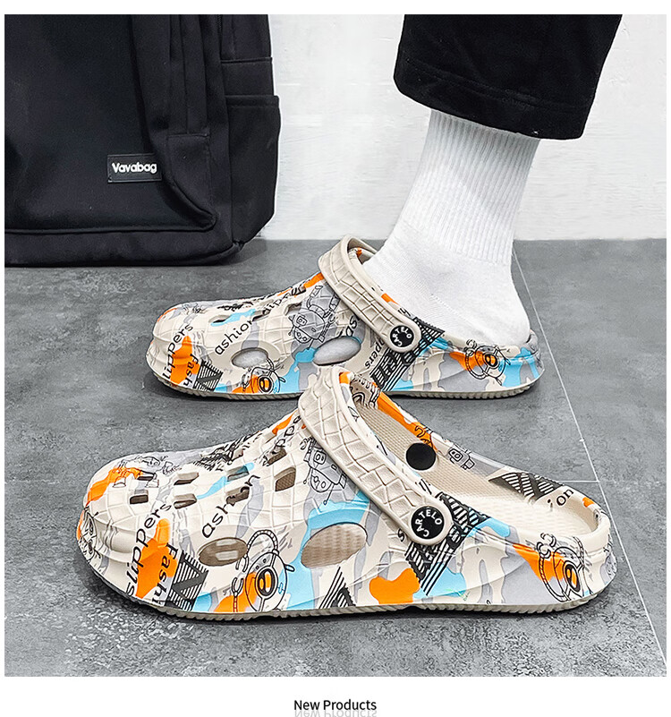 CARTELO Perforated Sandals for Men, Summer Closed-Toe Dual-Use Slippers, Comfortable Soft-Soled Breathable Beach Shoes with Squishy Feel, Khaki, Size 40 6