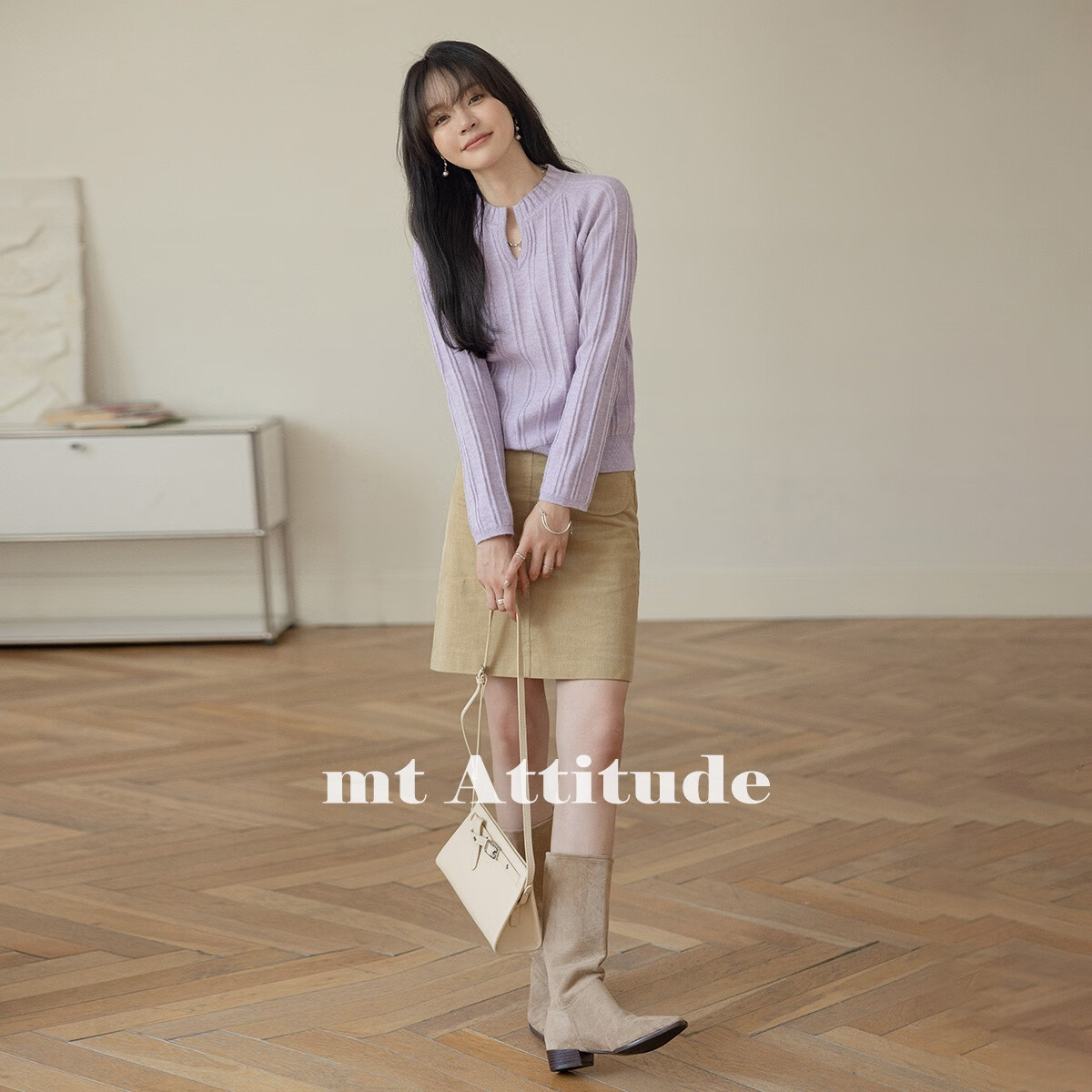 Mt [Fresh Lavender Purple] Spring Collection, Elegant V-Neck Versatile Pullover Long-Sleeve Knit Sweater