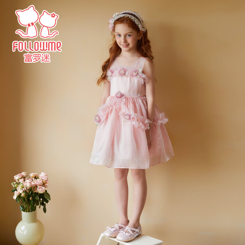 Follow Me Girls' Sleeveless Dress, Summer New Style Sweet Floral Princess Dress, Children's Formal Dress Tulle Skirt, Pink, Size 160