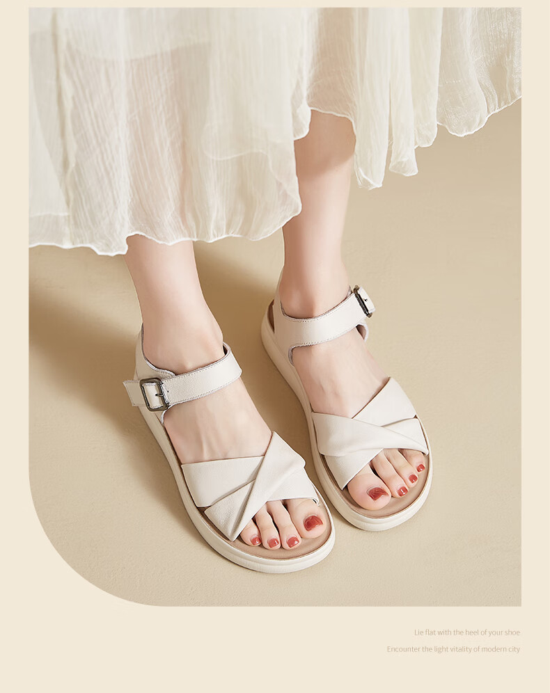 ZHR Zese First Layer Cowhide Thick Sole Sandals Women Summer Breathable Open Toe Comfortable Leather Soft Sole Single Strap Shoes EQ05 Beige Size 36 9