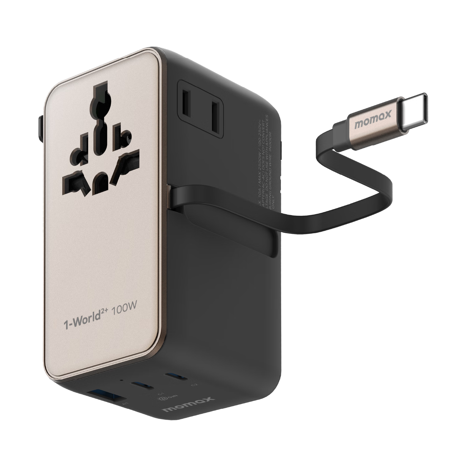 MOMAX Dual AC Ultra-Compact Built-In Cable, 100W Universal Adapter for Global Travel, International Versatile Travel Converter, Suitable for UK/EU/Australia Standards, 3C1A Titanium Gold
