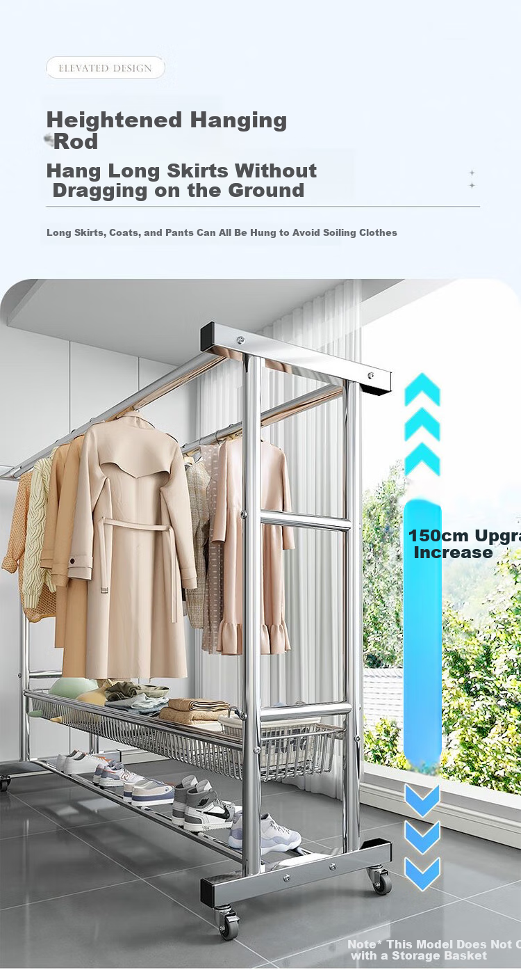 Haixifang Stainless Steel Clothes Drying Rack, Movable Outdoor Quilt Hanger, Double-Rod Single-Layer Shoe Rack, 1.5m 7