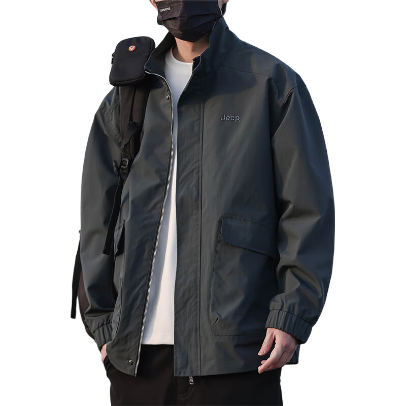 JEEP Men's Jacket, Spring And Autumn Outerwear, Stand-Up Collar, Loose Casual Menswear, Windbreaker Top, Gray, 2XL