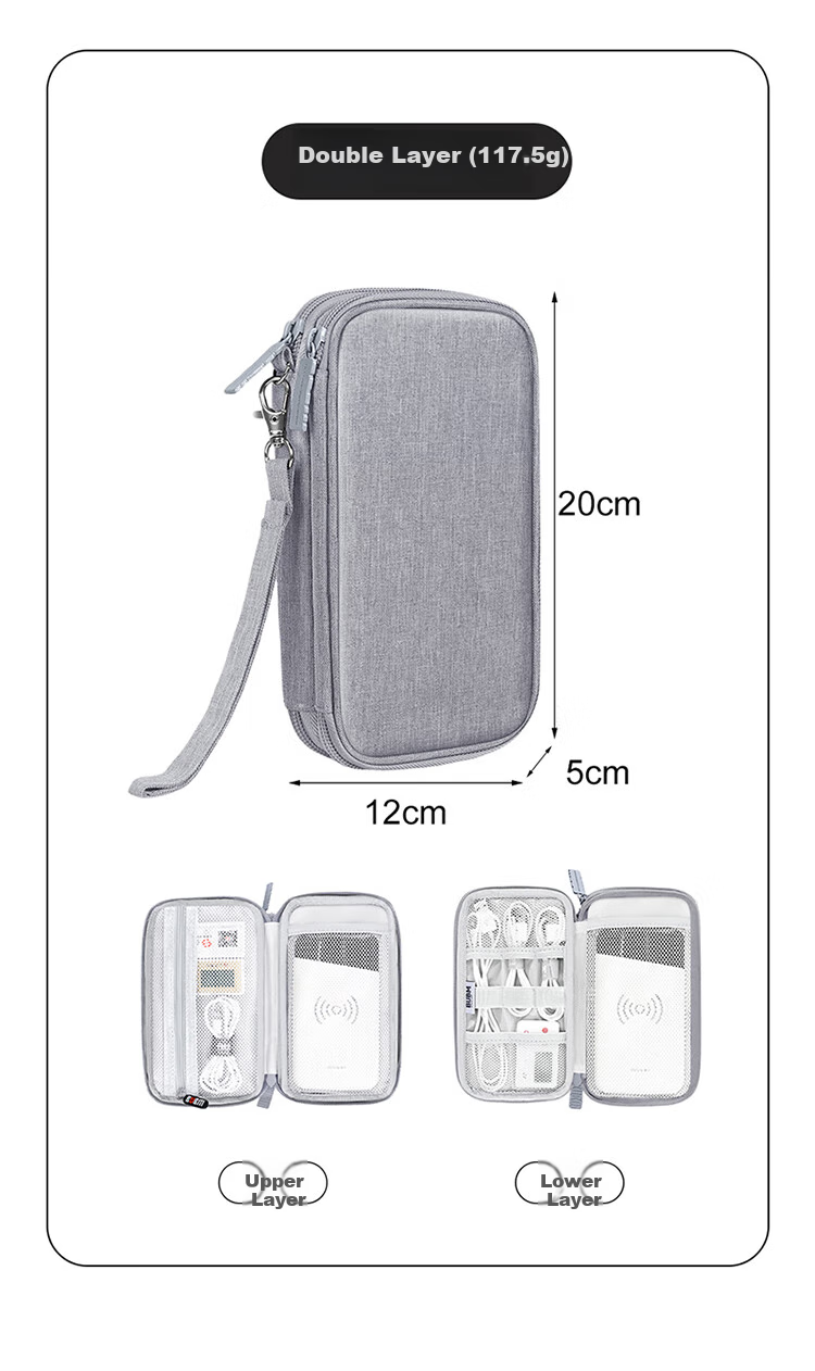 BUBM Power Bank Storage Pouch, Xiaomi 2 Romoss Portable Charger Protective Case, Multifunctional Cable Storage Box, Earphone And Digital Accessory Organizer Bag, Gray, Double-Layer 11