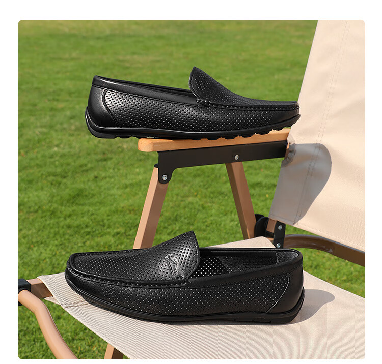 Goldlion Men's Shoes, Breathable Perforated Business Casual Shoes, Hollow Driving Shoes, 567820080ALD, Black, Size 37 10