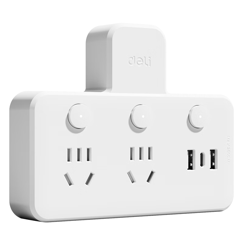 Deli USB Socket Adapter, Power Converter Plug, Dormitory Extension Switch Socket, Diamond-Shaped Power Adapter, Wireless One-To 2-Port+2A1C LU5008