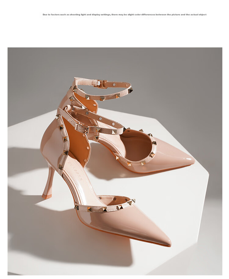 ZHR Rivet High Heels for Women, Elegant Pointed Toe, Socialite Style, Thin Heel Pumps, Sexy Closed-Toe Sandals for Women, IE02, Nude Pink, Size 34 32