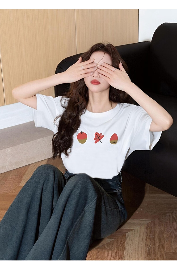 TonLion 2025 Summer Women's Front Chest Pattern Printed Round Neck Short-Sleeve T-Shirt, White, L 2