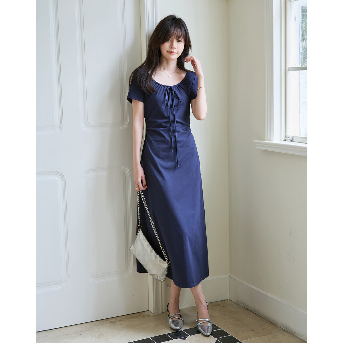 Dme [American College Style] Summer Simple Large U-Neck Tie Elastic Cotton Spandex Short-Sleeve A-Line Mid-Length Women's Dress