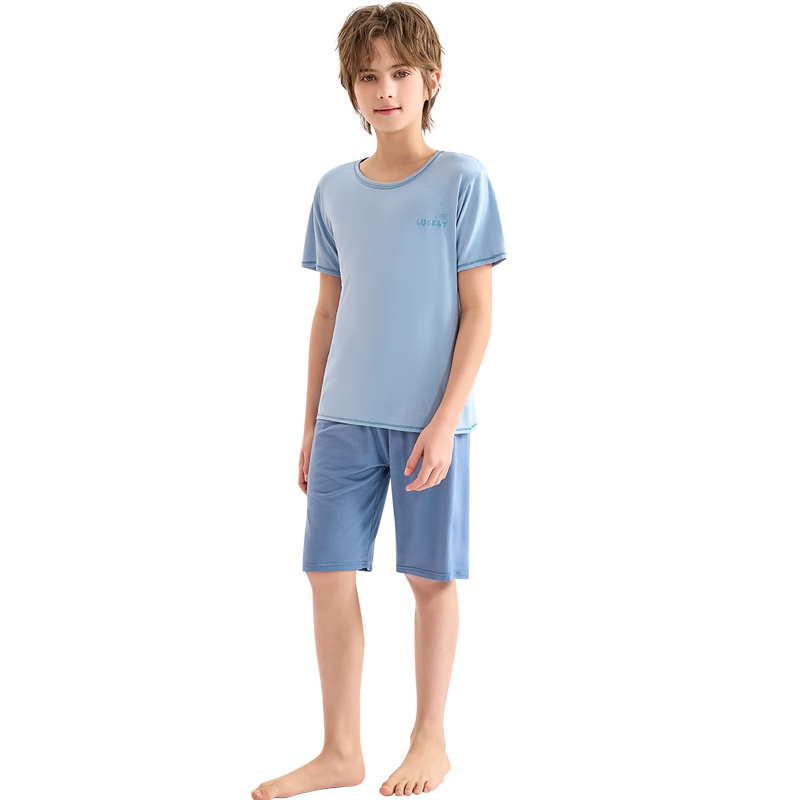 LangSha Children's Pajamas for Boys, Summer Thin Breathable Short-Sleeve Loungewear Set, Suitable for Older Children, Blue, Size 140
