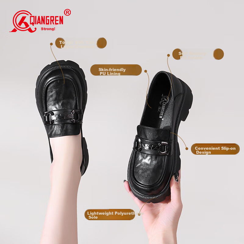 Qiangren Fashion Platform Women's Loafers, Top-Grain Leather Breathable Women's Flats, JDA73273, Black, Size 35