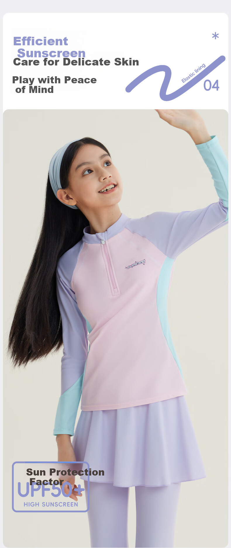 Li-Ning Children's Swimsuit, Girls' Long-Sleeve Sun Protection Two-Piece Professional Surfing Suit, Printed Long Pants, Swimming Gear, 0091 Purple, Size 150 3
