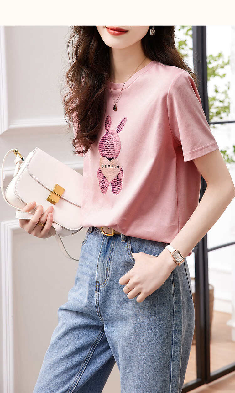 Dme [Fairy Tale Town], Xiayunduo Pure Cotton Rabbit Print, Rhinestone Short-Sleeve T-Shirt for Women, Comfortable And Flattering Women's Tee 15