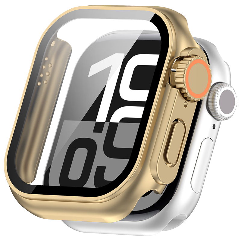 KMaxAI [Instant Ultra] Compatible Apple Watch S11 Protective Case, Tempered Glass Film for Apple Watch S10, Integrated IWatch Screen Protector, 46mm Film, Champagne Gold