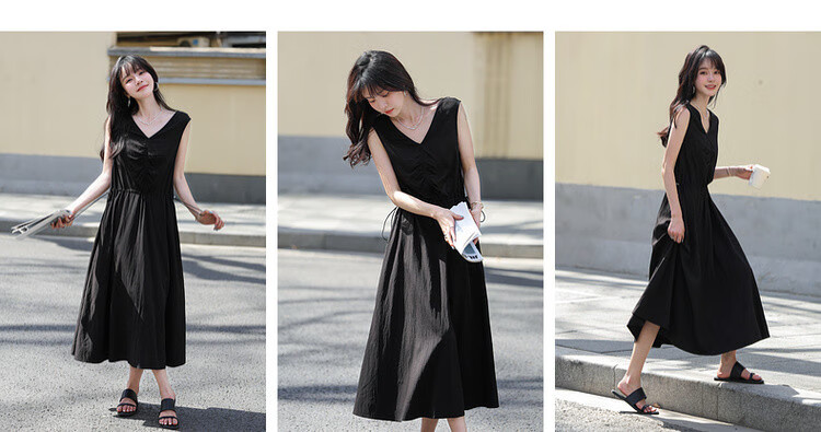 Mt [Muse Style] Summer Elegant V-Neck Tie-Waist Sleeveless Little Black Dress, Adjustable Waist Long Dress for Wome 3